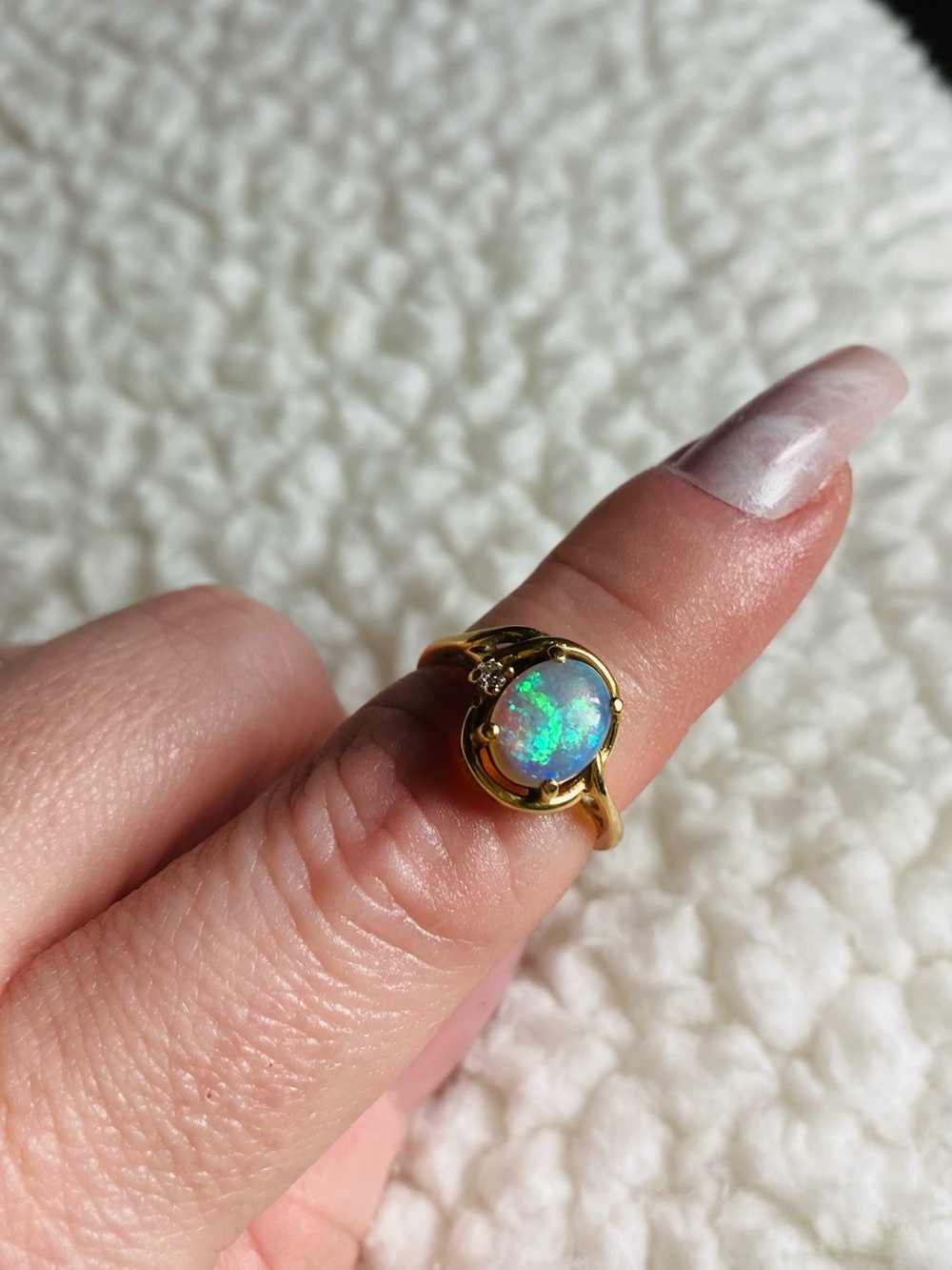 Vintage Oval Round Cabochon Opal 14KP Plump Gold Diamond Gem 3.18g Size 6.5 Ring
